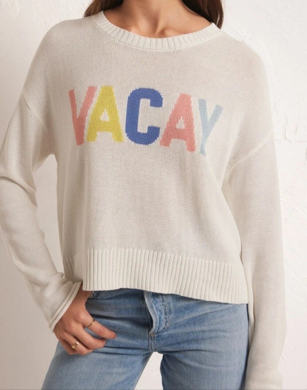 Workshop Republic Clothing Crewneck Sweater with Multicolor VACAY Letters